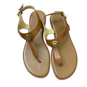 Michael Kors Brown Leather Sandals Gold MK Logo Size 9